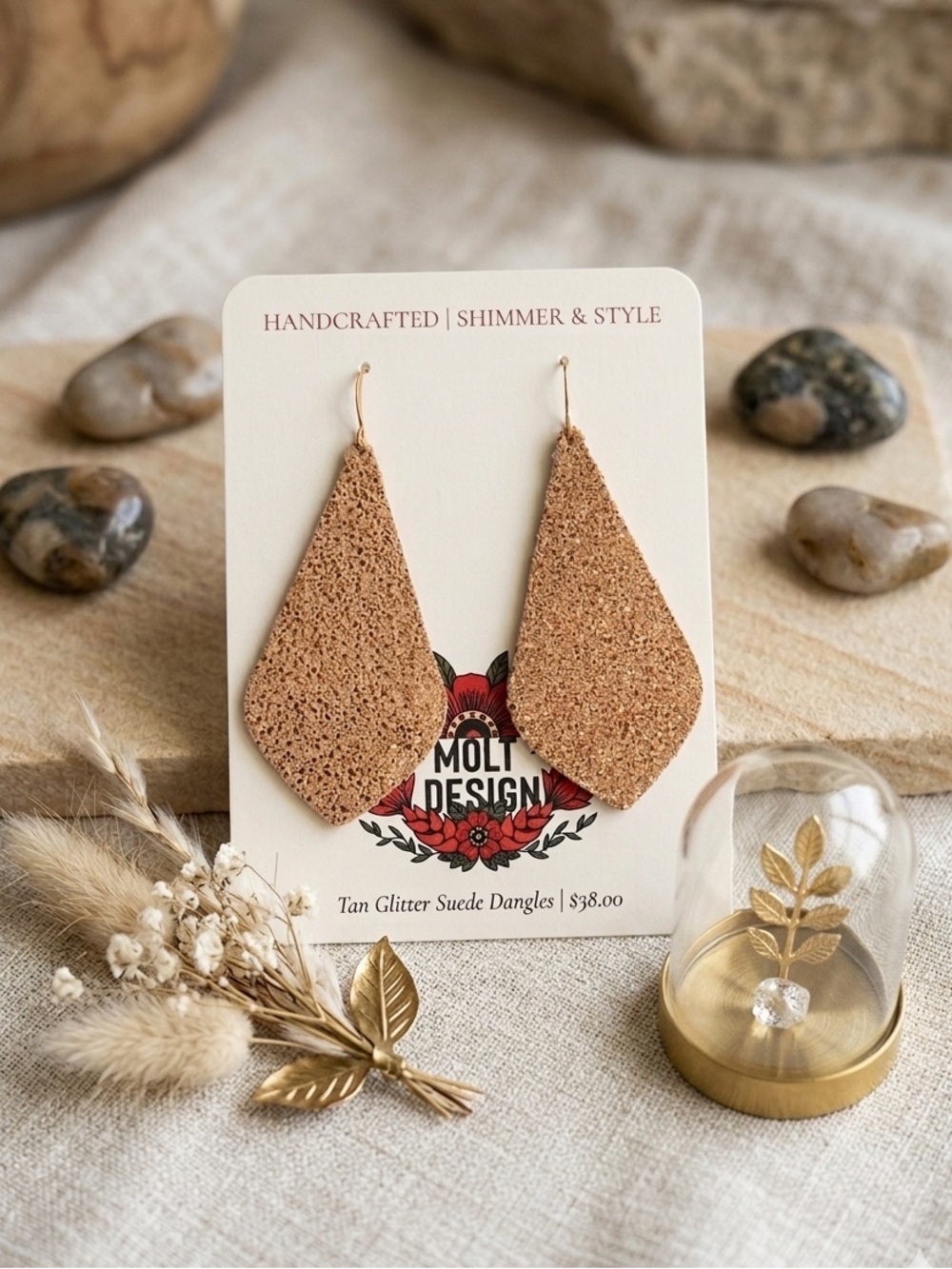 Tan Glitter Leather Dangle Earrings